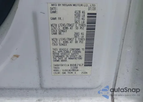 2020 Nissan Nv Cargo Nv2500 Hd Sv Standard Roof V6 z USA, uszkodzony, nr VIN 1N6BF0KY2LN808767